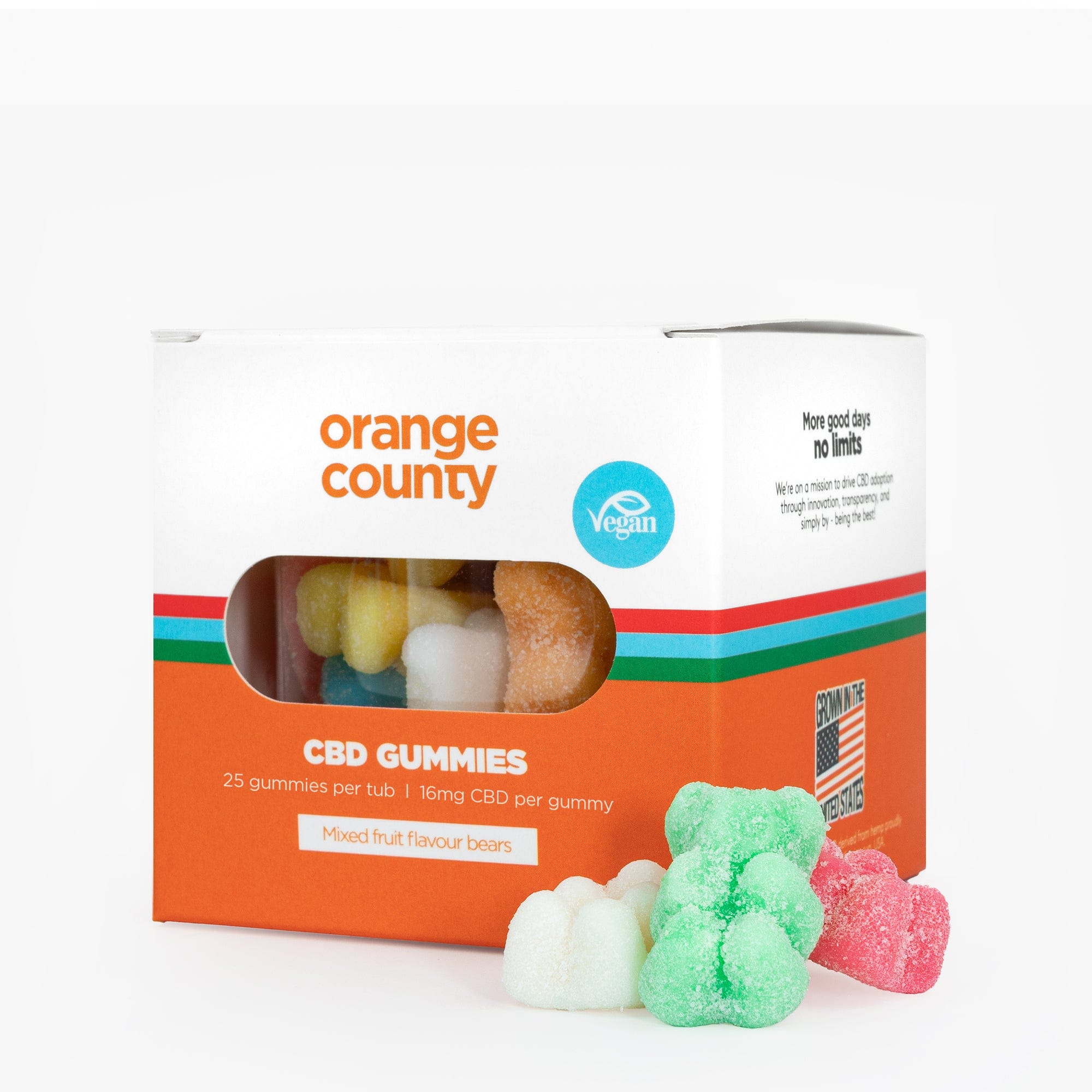 Box of Orange County CBD vegan gummy bears in assorted colors.