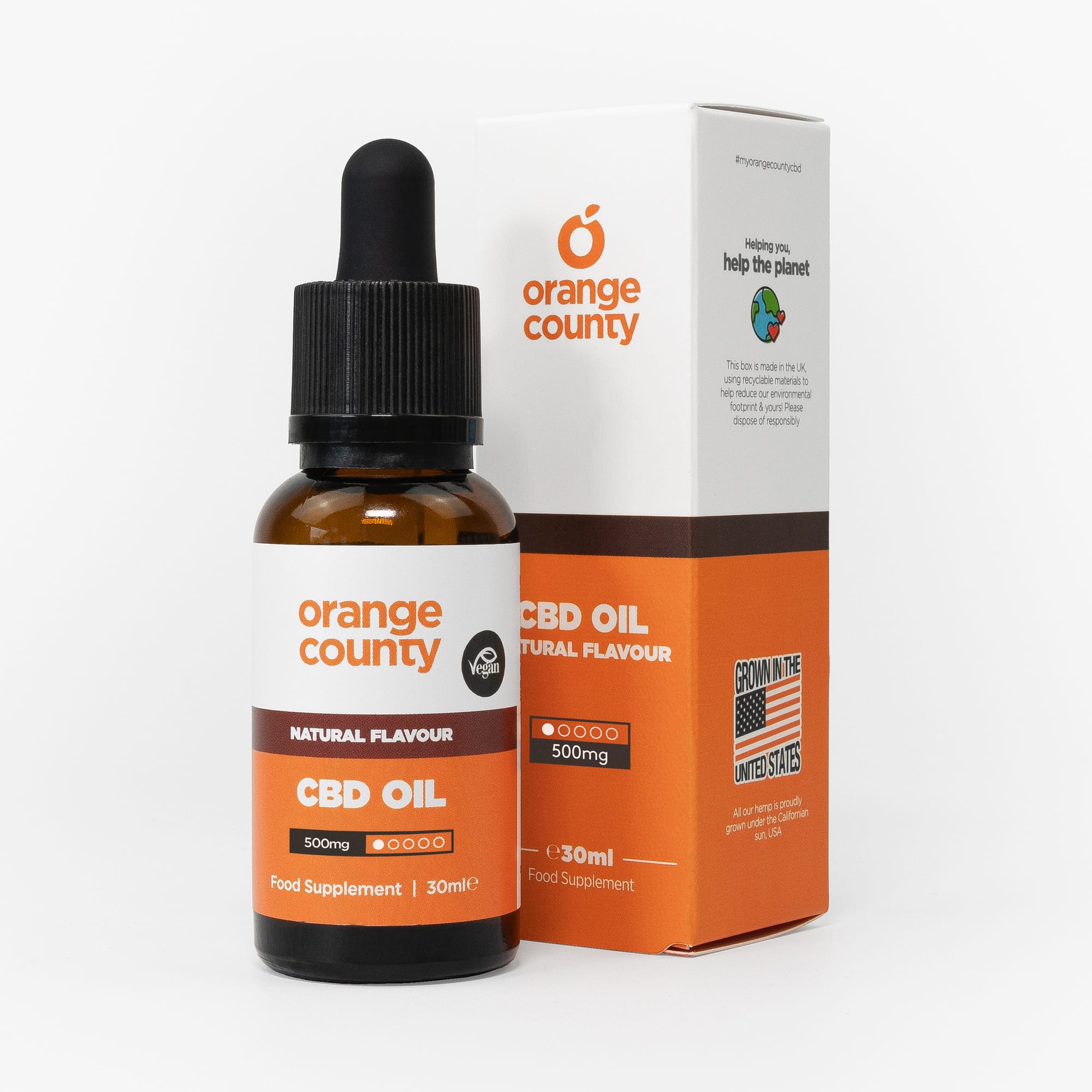Orange County CBD oil bottle and box with natural flavor, 500mg.