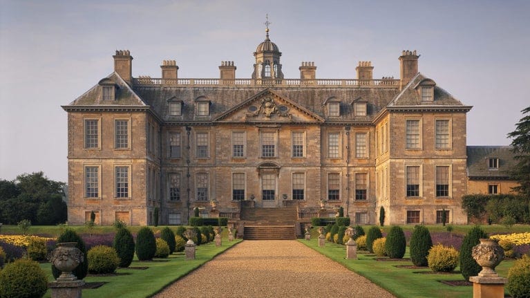 A large, grand house with four floors, built of sandy-coloured bricks and photographed in the peachy late-evening light of a summer sunset. Leading up to the front door of the house is a wide, gravel pathway flanked with stone urns on plinths and interspersed with small, evergreen trees but into oval shapes.