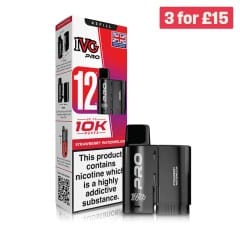 An image of the IVG Pro Pods with the box to the left. A 3 for £15 image appears at the top of the image advertising multibuy.