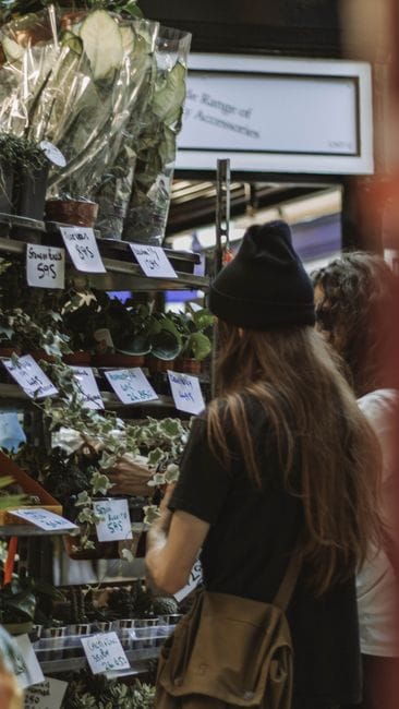 Women browsing plant selections at Leeds Market, an indoor market in England.